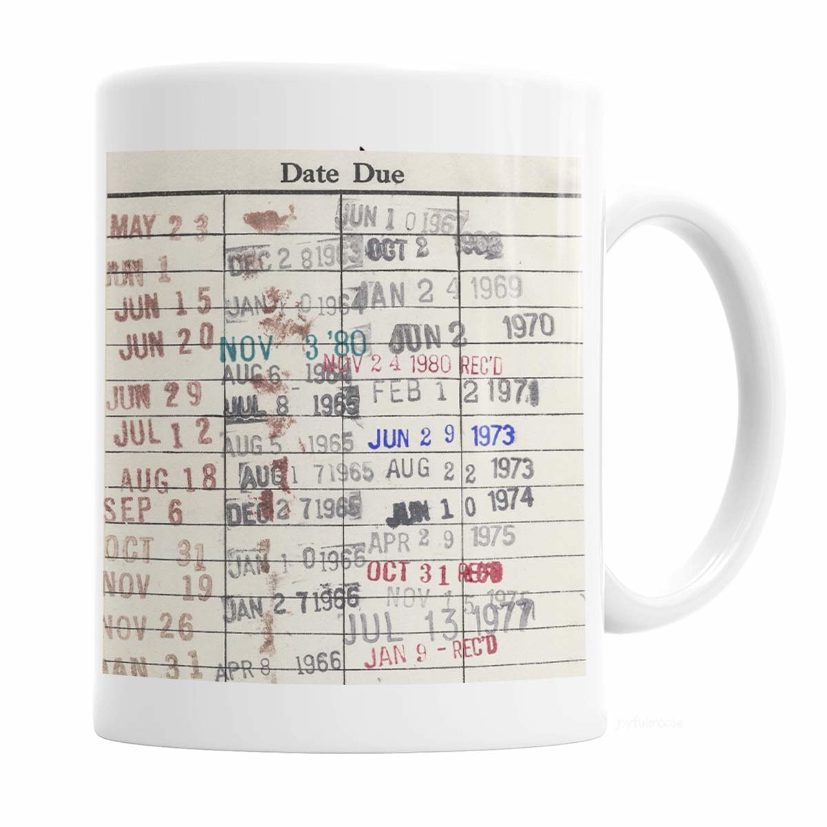 coffee mug that looks like an old fashioned library card stamped with dates