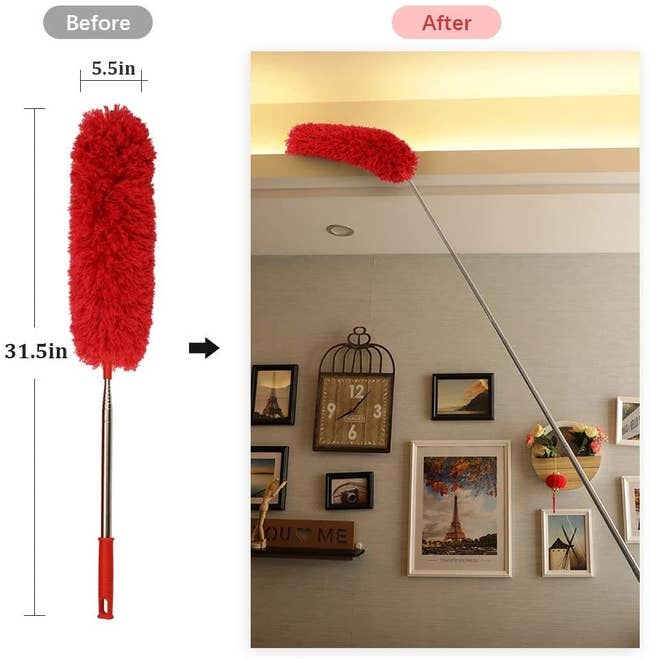 The duster which is 31.5 inches when collapsed but can reach up to the ceiling to dust