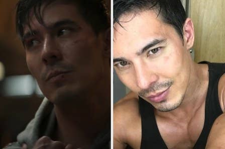 Lewis Tan as Cole Young side by side with an Instagram photo of Lewis Tan