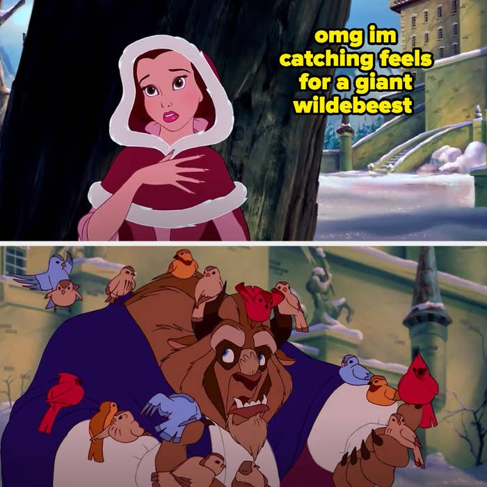 Belle thinking she&#x27;s catching feels for a giant wildebeest during &quot;Something There&quot;