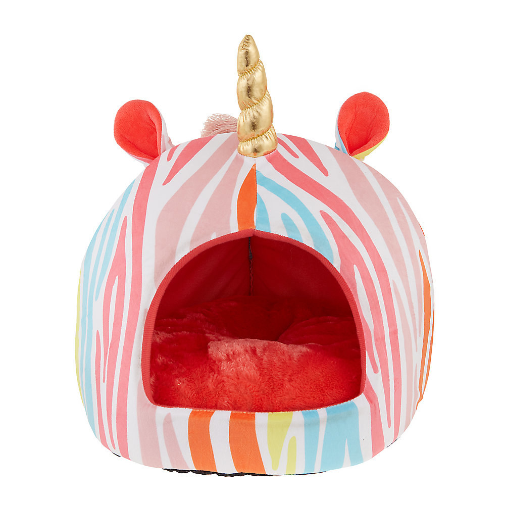 a cat bed in the shape of a unicorn with rainbow zebra stripes