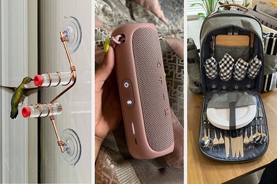 three panels showing a window-mounted bird feeder, a hand holding a pink bluetooth speaker, and an open backpack with picnic gear inside 
