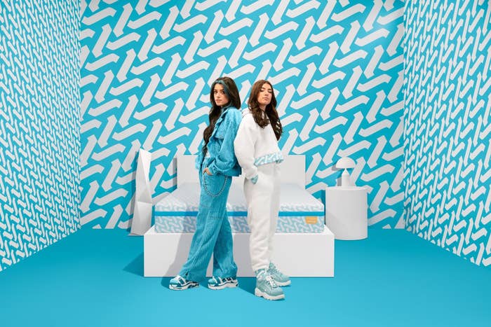 Charli and Dixie standing in front of a bed with their mattress on it