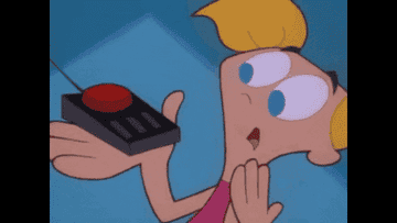 A gif of Deedee from Dexter&#x27;s Lab pressing a big red button