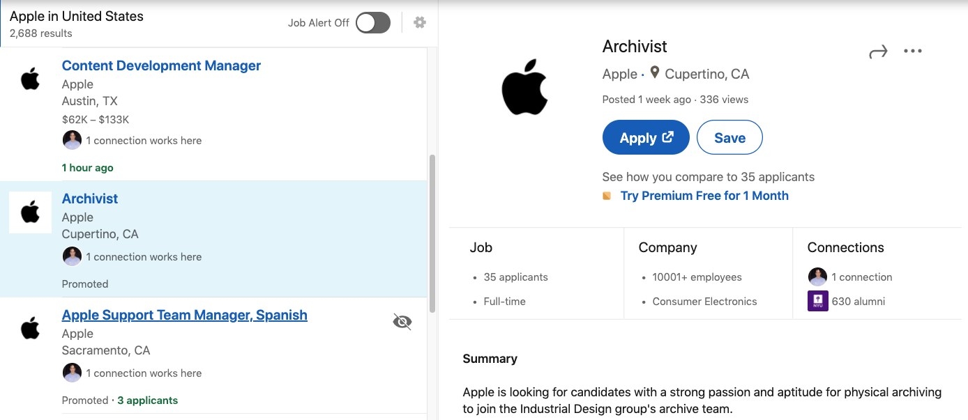 Screenshot of jobs at Apple