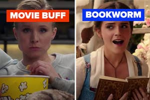 A woman is watching TV on the left labeled "MOVIE BUFF" with another woman reading labeled, "BOOKWORM"