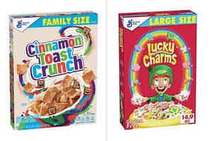 cinnamon toast crunch on the left and luck charms on the right
