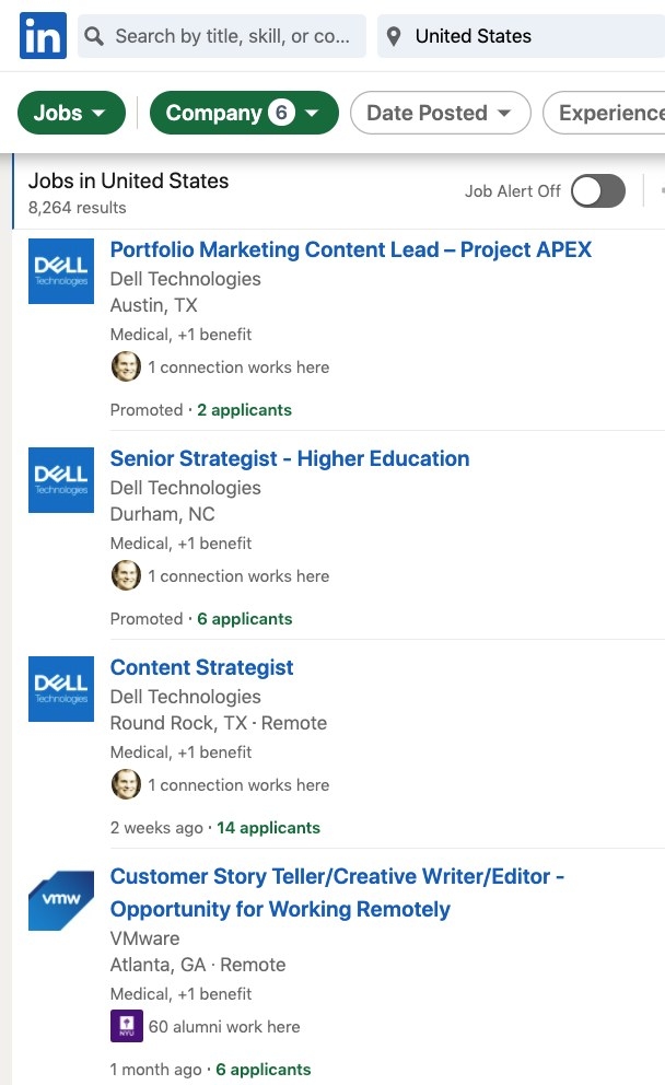 Screenshot of jobs at Dell