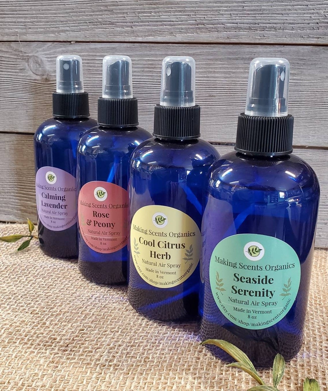Bottles of the calming lavender, rose and peony, cool citrus herb, and seaside serenity scents