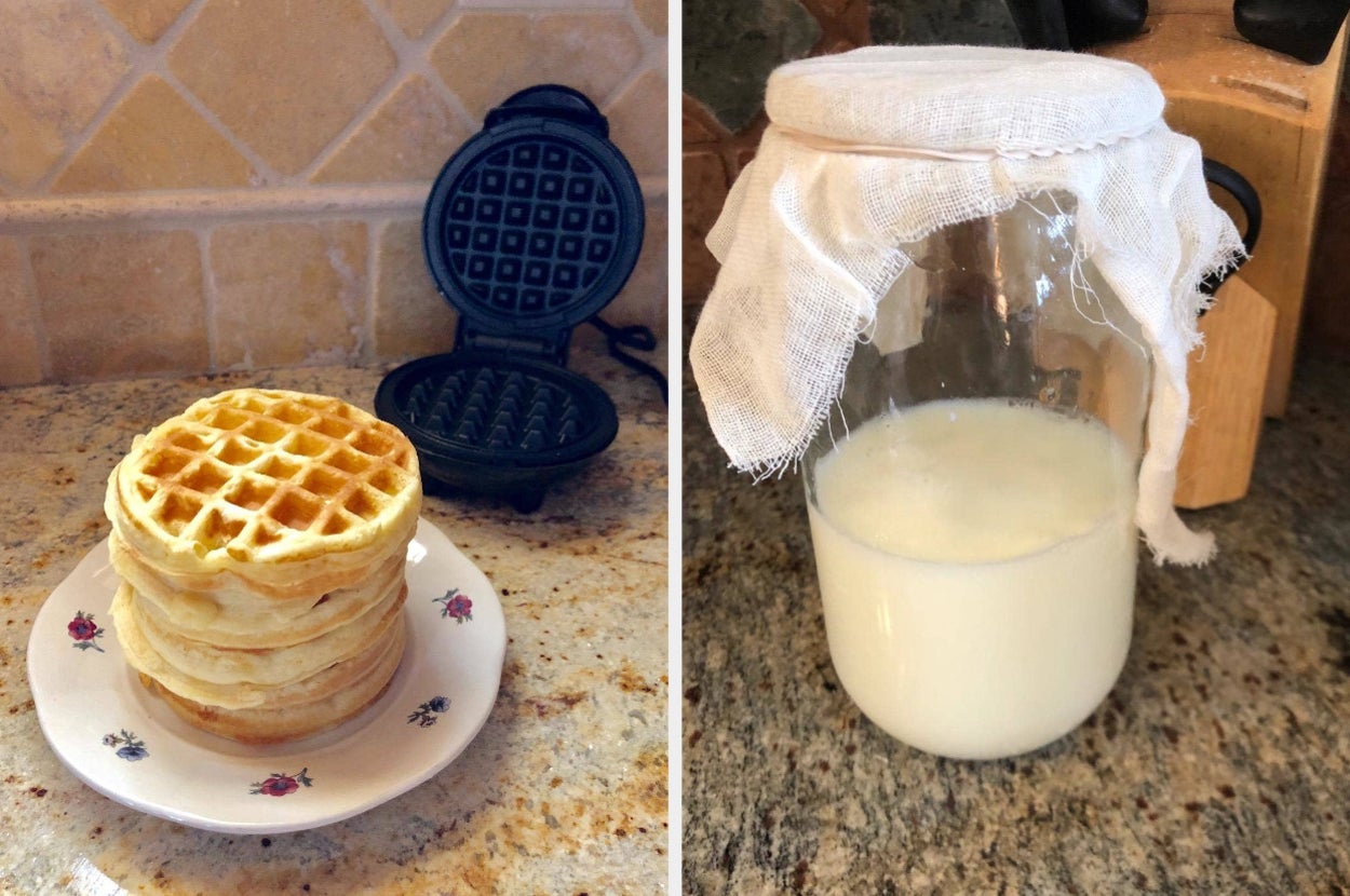 a stack of waffles next to a mini waffle maker and a cheesecloth over a jar