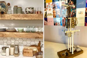 wooden storage shelves and a jewelry tree