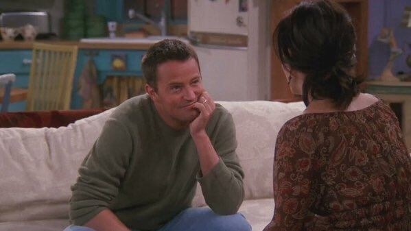 Matthew Perry as Chandler Bing and Courtney Cox as Monica Gellar in the show &quot;Friends.&quot;