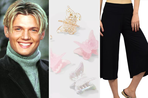 Nick Carter is on the left with butterfly clips in the center and gaucho pants on the right
