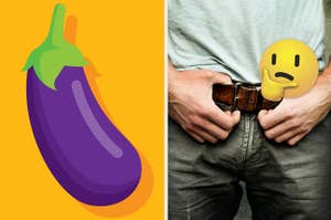 eggplant emoji alongside man holding jeans belt