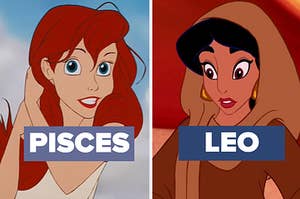 ariel with pisces next to her and jasmine with leo next to her