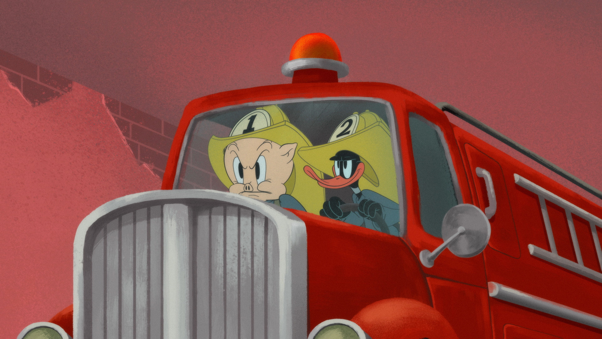 Screenshot of Porky Pig and Duffy driving a firetruck 