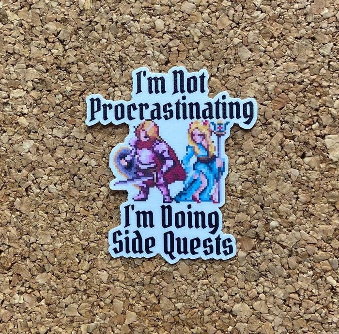 a sticker of link and zelda that says I&#x27;m not procrastinating I&#x27;m doing side questions