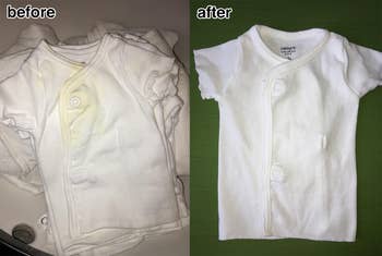 before: reviewer's baby onesie with yellow stain after: onesie looking whiter and with no stain