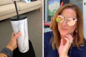 insulated tumbler on the left and a person wearing sunglasses on the right