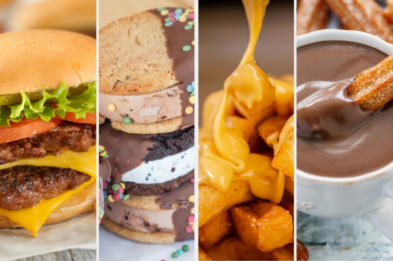 Cheeseburger, ice cream sandwiches, cheese fries, and chocolate churro
