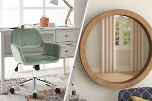 到左边：一个绿色的办公椅，右边：一个木圆镜