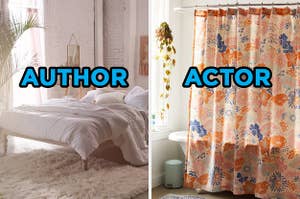 On the left, a simple, sunny bedroom with an exposed brick wall, bed, and fuzzy rug labeled "author," and on the right, a bright bedroom with a bold, floral shower curtain above the tub labeled "actor"