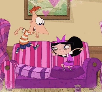Isabella and Phineas jumping on a couch