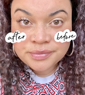 buzzfeed editor's eyes before and after using the mascara with the done lashes looking darker and longer
