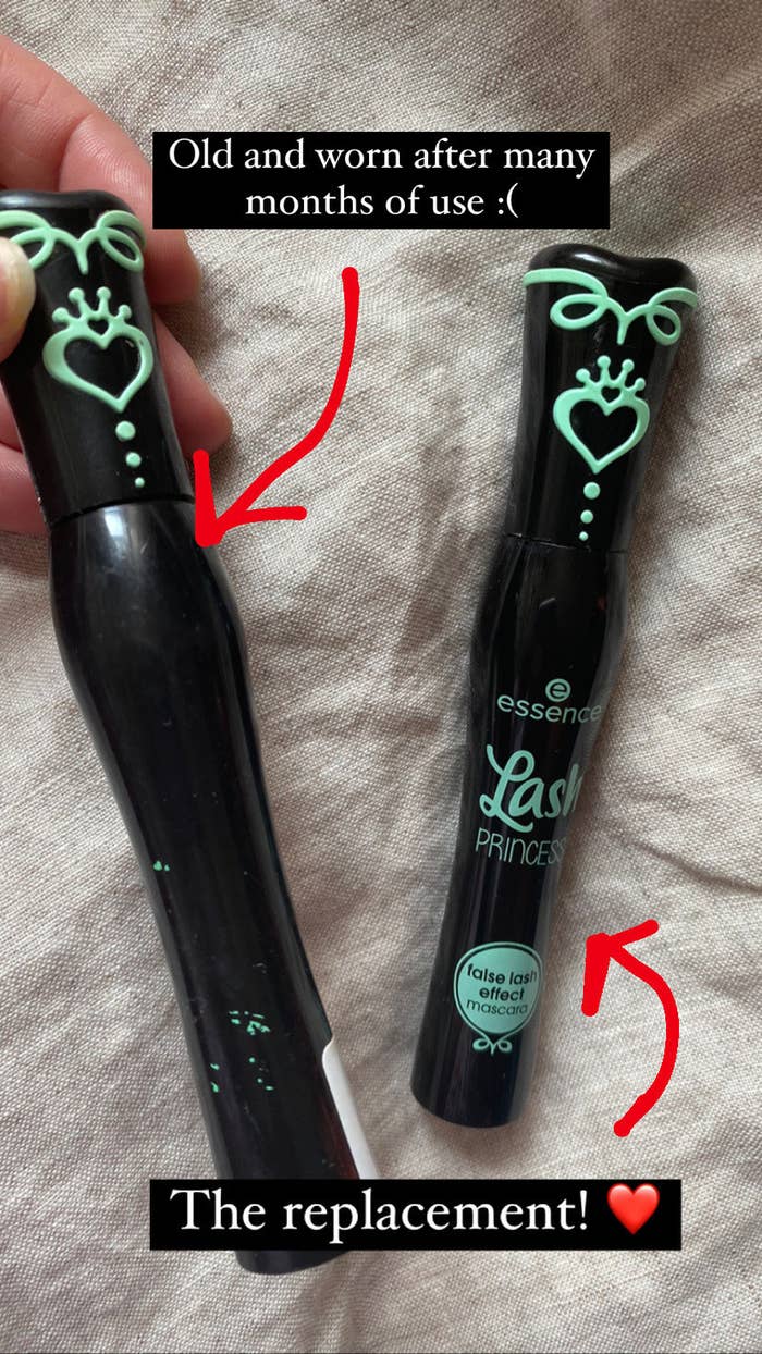 buzzfeed editor&#x27;s picture of an old mascara tube with text that says &quot;old and worn after many months of use&quot; next to a new tube with text that says &quot;the replacement&quot; 