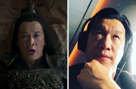 Chin Han as Shang Tsung side by side with a photo of him on a plane