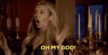 Corinne from The Bachelor holding up her hands and saying, &quot;Oh my god!&quot;