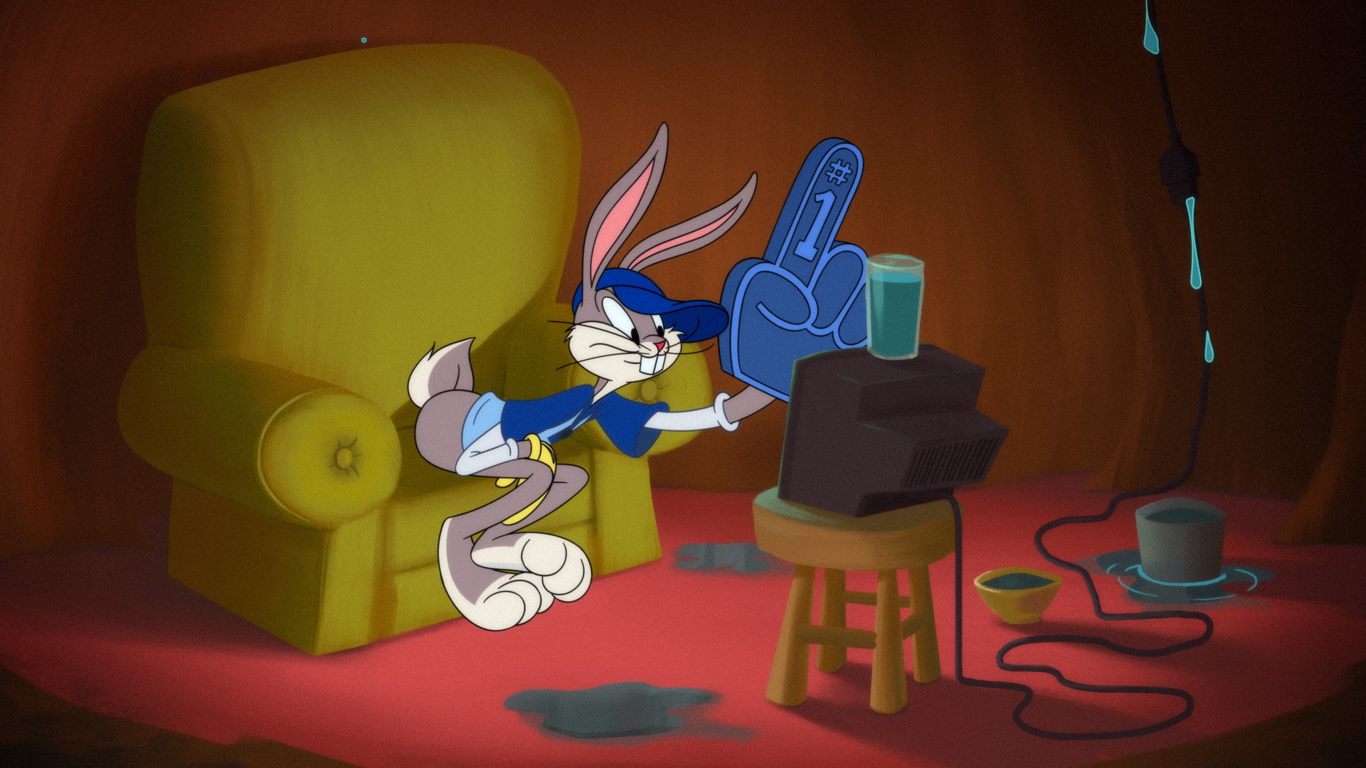 Screen shot of Bugs Bunny with a giant foam finger watching a tiny TV