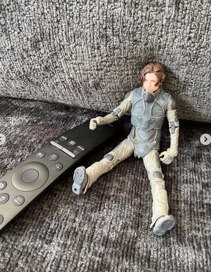 Chalamet&#x27;s Dune action figure sitting next to a remote control