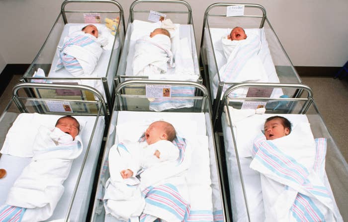 Six newborn babies in a hospital nursery