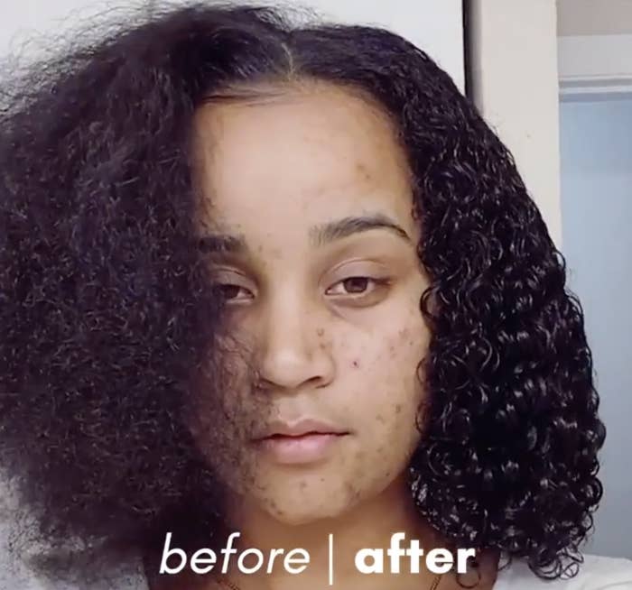 before and after of a model&#x27;s afro frizzy in before, then sleek and defined in after 