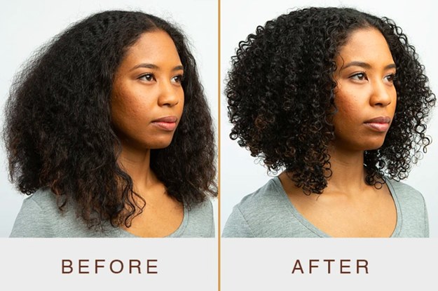 Before photo of model with flat, frizzy curls and after photo showing the products gave the curls more definition and reduced frizz