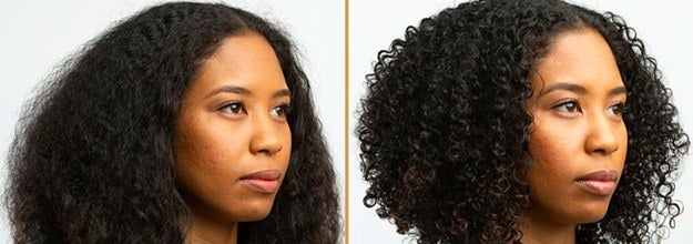 Before photo of model with flat, frizzy curls and after photo showing the products gave the curls more definition and reduced frizz