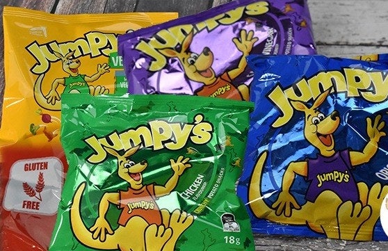 4 bpackets of Jumpy&#x27;s, one is shown to be chicken flavour and a sing that reads &quot;gluten free&quot; 
