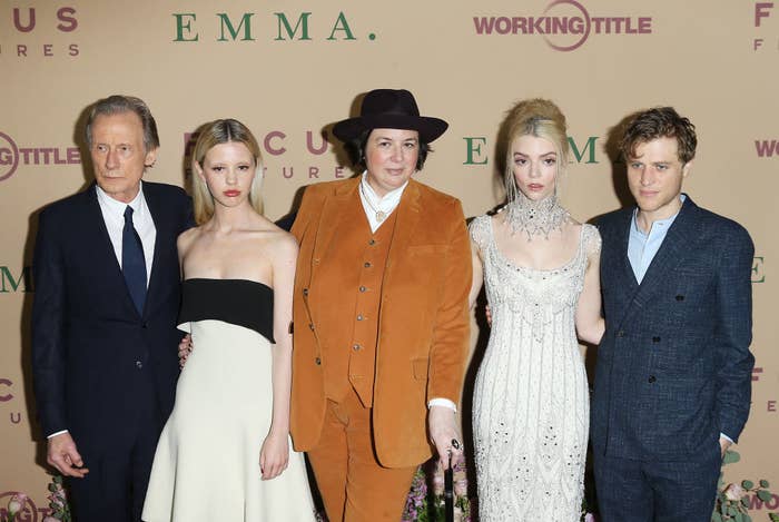 (L-R) Bill Nighy, Mia Goth, Autumn de Wilde, Anya Taylor-Joy and Johnny Flynn attend the Los Angeles premiere of Focus Features&#x27; &quot;Emma.&quot; 