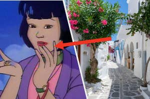 Gi from Captain Planet and the Planteers holds a magic ring in the palm of her hand and a stone street leads into a narrow alley in Greece.