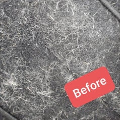 a reviewer's car seat covered in hair, with the text "before"