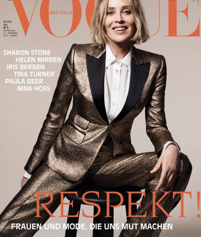 Sharon stone in a bronze and black suit.