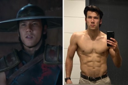 Max Huang as Kung Lao side by side with a selfie of him shirtless
