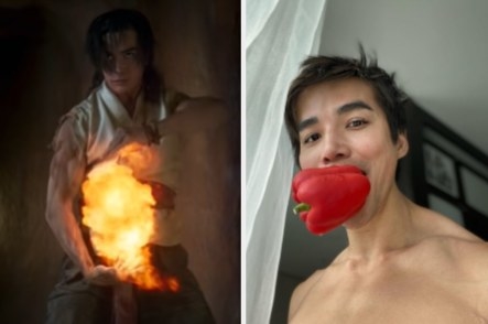 Ludi Lin as Liu Kang side by side with a photo of him shirtless and a pepper in his mouth
