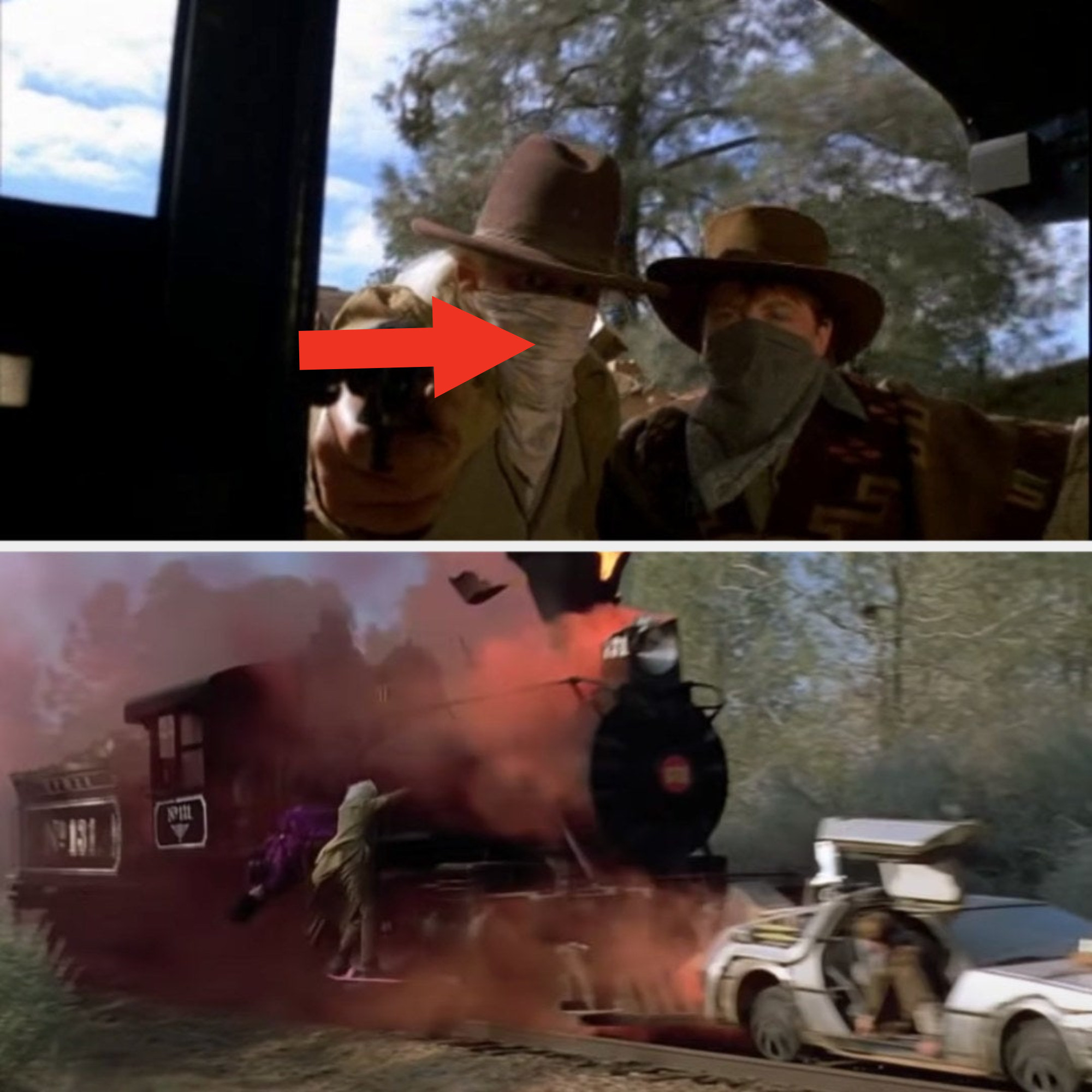 Doc and Marty dressed like cowboys and chasing after a train