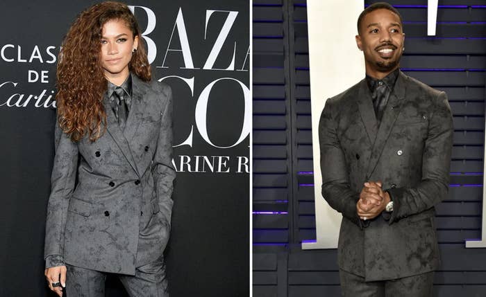 Zendaya and Michael B. Jordan in the same patterned black suit.