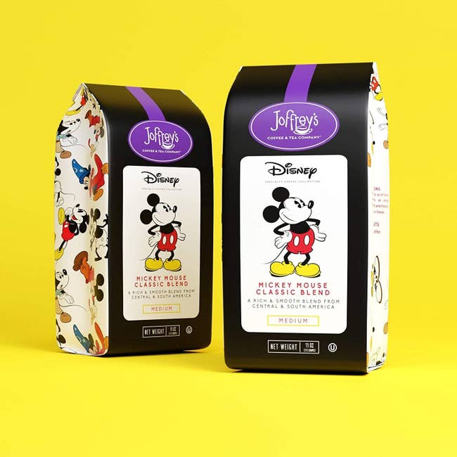 two bags of coffee with mickey on the packaging
