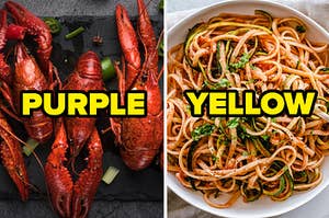 "Purple" written over lobster and "Yellow" written over pasta