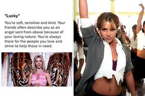 A quiz result and Britney Spears in her music video for "Oops!...I Did It Again"