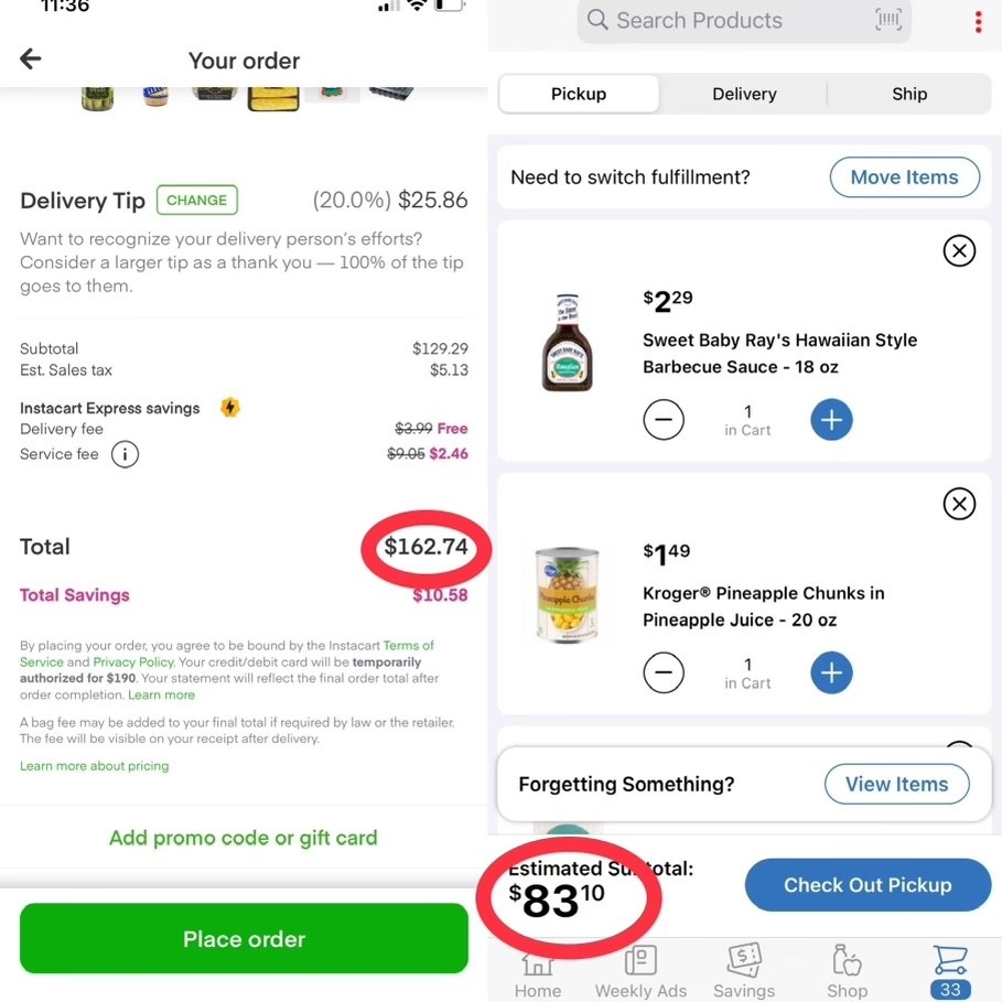 Price comparison between grocery store pickup ($83.10) and Instacart delivery ($162.74). 
